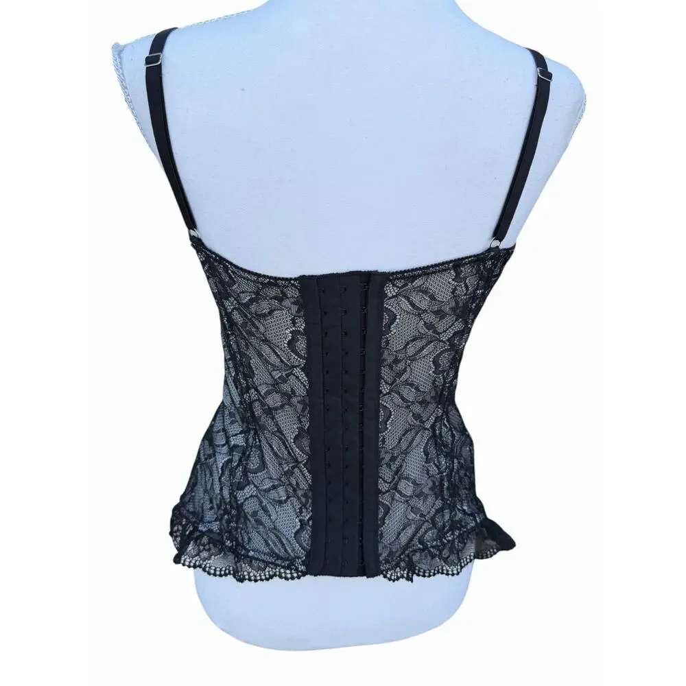 Fredericks of Hollywood Bustier Corset L Black White Lace Sheer Boned Top
